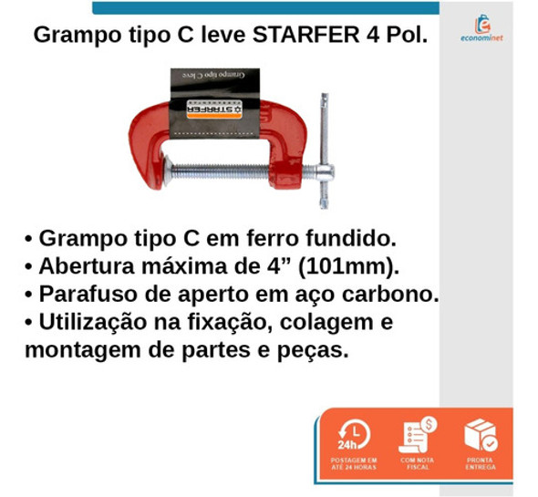 Kit 2 Grampo Marceneiro Leve Tipo C 10,2cm (4pol.) Starfer 1