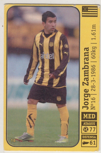 2012 Futbol Tarjeta Jorge Zambrana Jugador Peñarol Uruguay 0