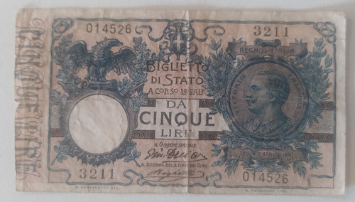 Antiguo Billete 5 Liras Italia 1914 Pick 23 D 0