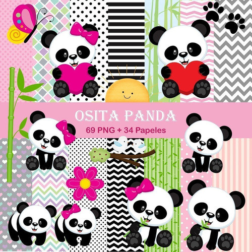 Kit Digital Ositos Panda Clipart Png + Papeles Digitales 0