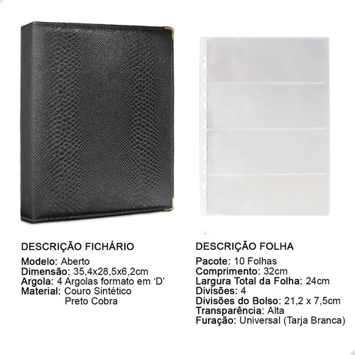 Álbum Fichário 10 Folhas Pp Cédulas 4 Espaços 32x24 Cobra G 1