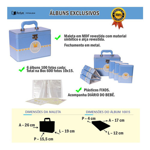 Maleta 6 Álbuns Bebê 10x15 600 Fotos Príncipe Azul Coroa Baú 1