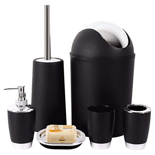 Set De Accesorios Para Baño Tacho Y Escobilla Negro Plateado 0