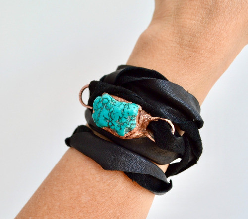 Brazalete - Tobillera De Cuero Con Piedra Natural Turquesa 0