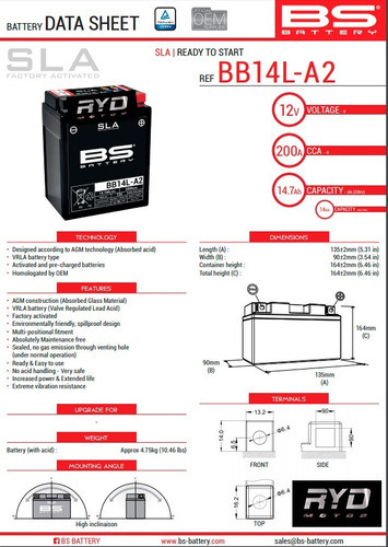Batería Bb14l-a2  Yb14l-a2 Kawasaki 400 Gpz Bs Battery Ryd 1