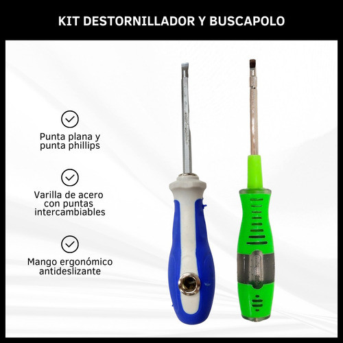 Kit X2 Destornillador Y Buscapolo Con Puntas Intercambiables 1