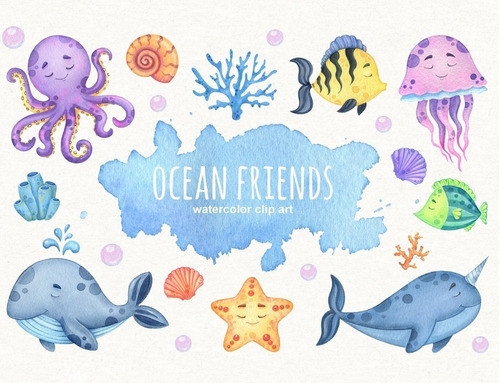 Kit Imagenes Png Cliparts Animales Oceano Mar Acuarela Ek09 0