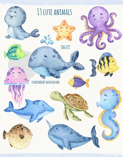 Kit Imagenes Png Cliparts Animales Oceano Mar Acuarela Ek09 1