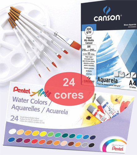 Kit Tinta Pintura Aquarela Pentel Pinceis Bloco Papel Canson 0