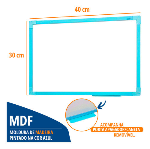 Lousa Quadro Branco 40x30cm Moldura Soft Azul + 3 Canetas 1