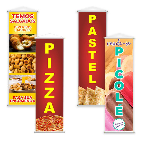Kit 4 Banners Pastel, Pizza, Picolé E Salgados 100x30cm 0