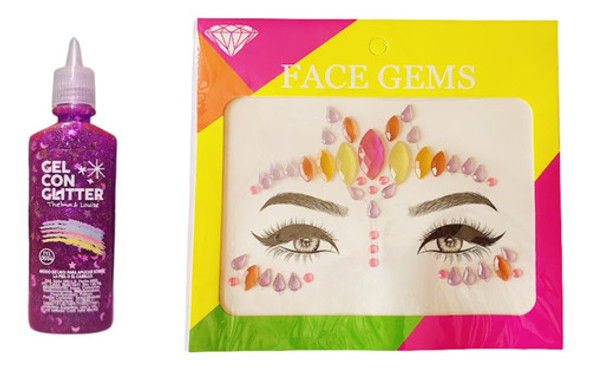 Gel Con Glitter Violeta + Gema Strass Autoadhesiva Cara Ojos 0