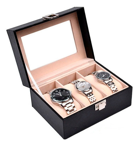Estuche Caja Para Relojes De Cuero 3 Posiciones Cerradura 0