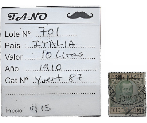 Lote701 Italia Estampilla 10 Liras Año 1910 Yvert# 87 0