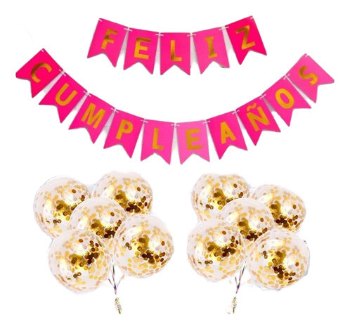 Combo Banderin Feliz Cumple Rosa + Globos Confetti Dorado 0