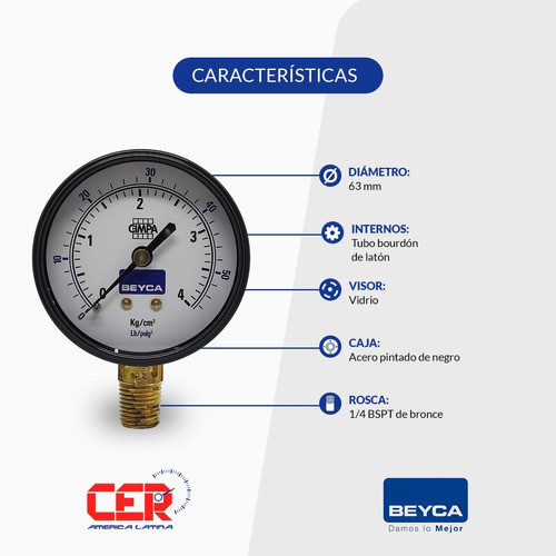 Manómetro 4 Kg 63mm Rosca 1/4 Inferior Beyca 1