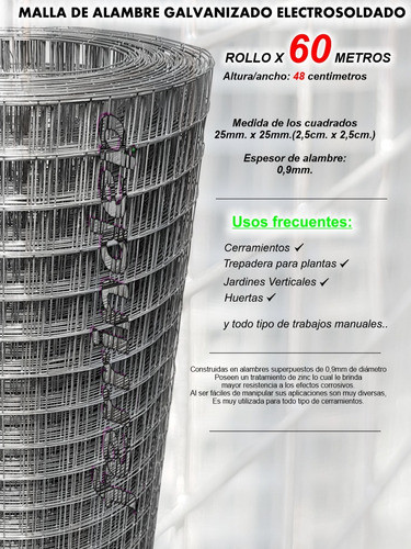 Malla Electrosoldada 25x25mm 50cm X 60mts 0,9mm Rollo 1