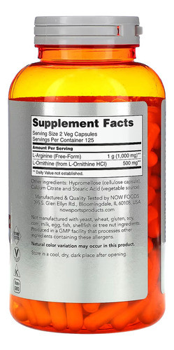 Arginina Ornitina 500mg/250mg Now Foods 250cap Importado 0