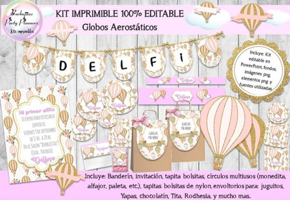 Kit Imprimible Globos Aerostáticos Shabby Chic 100% Editable 1
