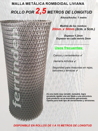 Malla Metálica Romboidal Desplegado 20x50mm Rollo 1 X 2,5mts 1