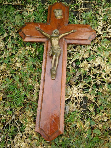 Crucifijo Antiguo En Madera Y Bronce Para Colgar 0