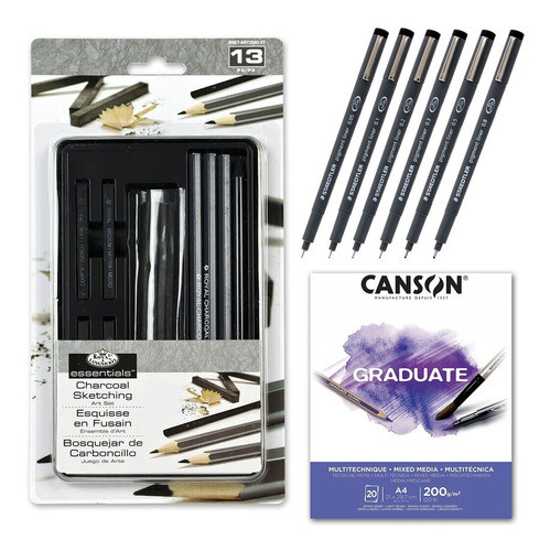 Kit Desenho Profissional - Carvão + Caneta Nanquim + Bloco 0