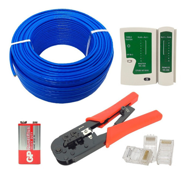 Kit 100m Cabo Rede Testador Alicate 50 Plugs Rj45 Oferta+9v! 0