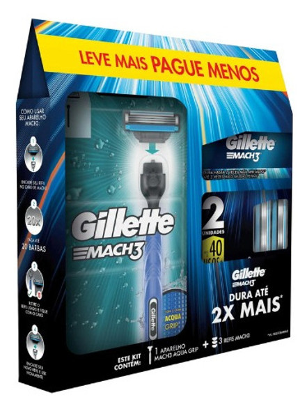 Gillette Mach3 Aparelho De Barbear Aqua Grip + 2 Refis (kit) 0