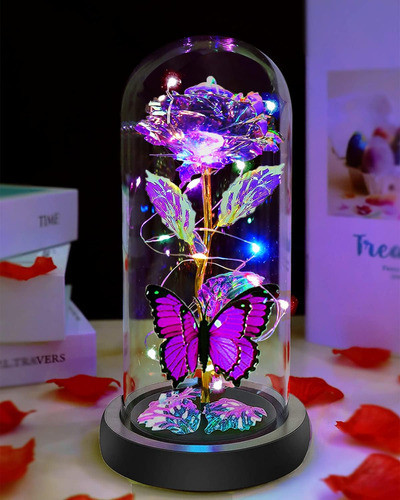 Decoración Flor Mariposa Galaxia Led Violeta Domo De Cristal 1