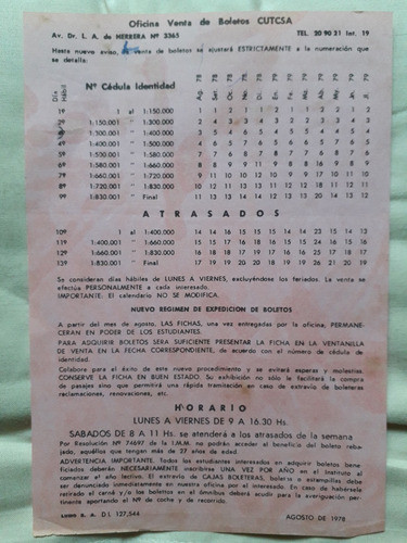 Folleto Cutcsa 1978 Fechas De Ventas De Boletos Estudiantes 0