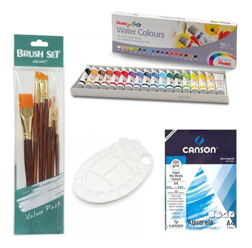 Kit  Aquarela 18 Cores Pentel +pinceis + Papel Canson 0
