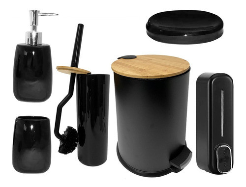 Kit Combo Baño 6 Piezas Negro Calidad Premium Bambú Negro 0