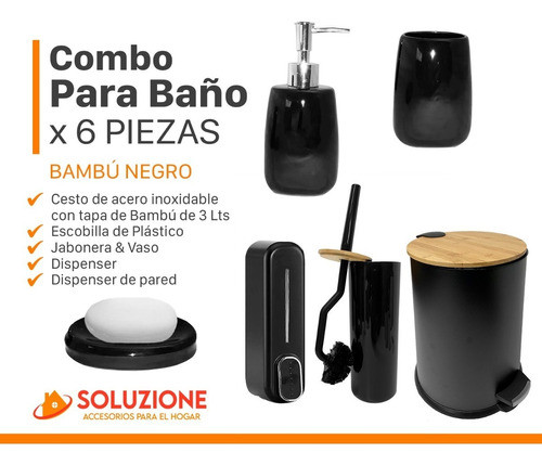 Kit Combo Baño 6 Piezas Negro Calidad Premium Bambú Negro 1