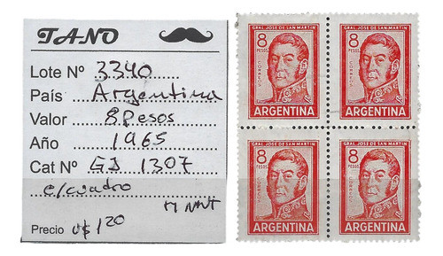 Lote3340 Argentina 8 Pesos Año 1965 Gj# 1307 En Cuadro Mint 0