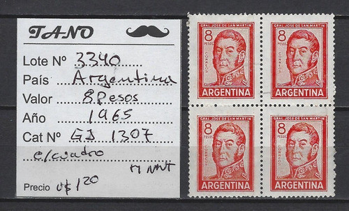 Lote3340 Argentina 8 Pesos Año 1965 Gj# 1307 En Cuadro Mint 1