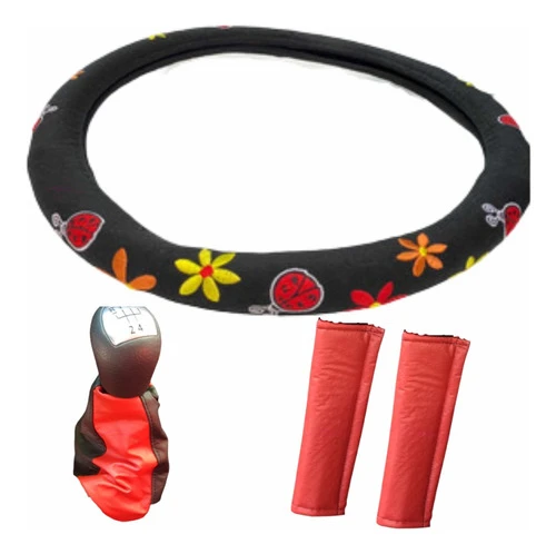 Cubre Volante Flores + Cinturones+ Palanca Rojo 0