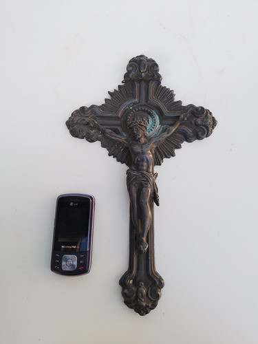 Linda Antigua Imagen Cristo Cruz Crucifijo En Peltre 35x21cm 0