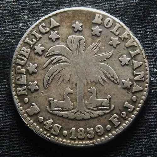 Bolivia 4 Soles 1859 Exc Plata Km 123.3 Simón Bolivar 1