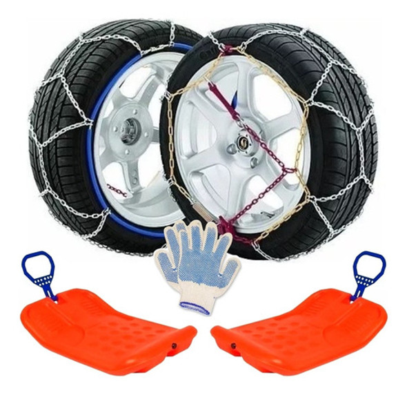 Kit Cadenas Nieve 12mm + 2 Culipatines Con Manija + Guantes 0