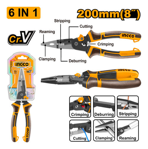 Pinza Punta Fina 8  200mm Cr-v Mult 6 En 1 Ingco Hmflnp28200 1