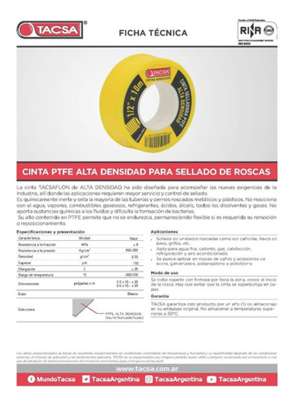 Cinta Teflon Alta Densidad Ptfe Plomería 3/4'' 10mt Pack X10 1