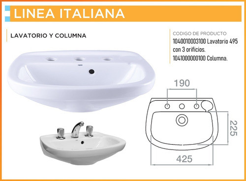 Roca Capea Italiana Pileta Baño Lavatorio 3 Agujeros Columna 1