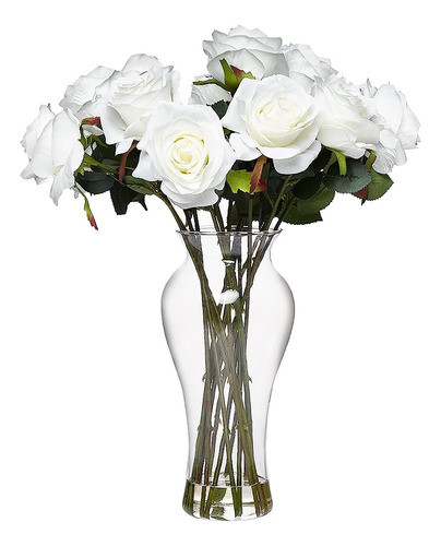 Rosas En Flor Casi Naturales De 1328-wh Con Jarrón, Blanco, 0