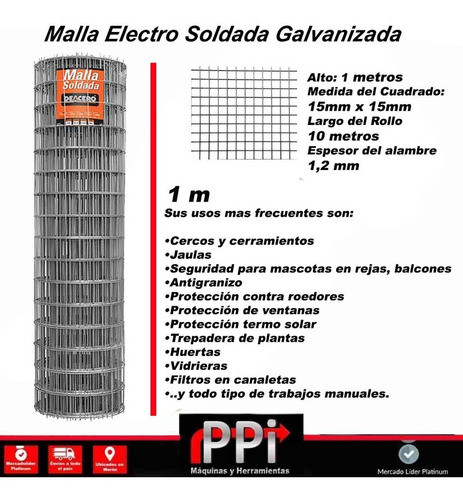 Malla Electrosoldada Galvanizada Rollo 15x15mm 1,21 Espesor 1