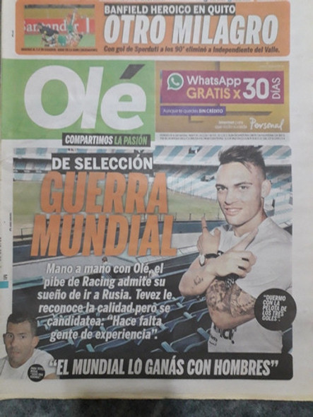 Diario Ole 7 Febrero 2018 Lautaro Martínez  Racing 0