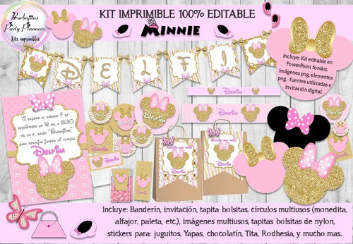 Kit Imprimible Minnie Rosa Y Dorado 100% Editable 0