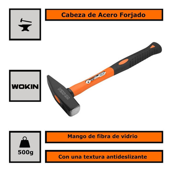 Martillo Herrero 500g Acero Forjado Fibra De Vidrio Wokin 1