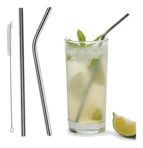 Kit Com 4 Canudos Inox 2 Curvos 2 Retos + Escova 1