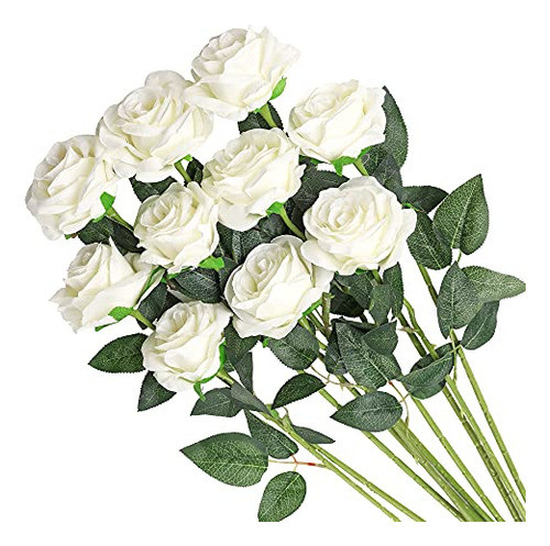 10 Flores Artificiales Rosas Florecientes Blanco 50.8cm 0