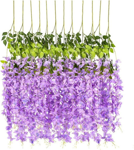 12 Ramos De Flores De Glicinia Artificiales - Seda Lila 0